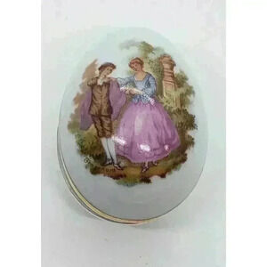 Vintage Limoges France Porcelain Egg Trinket Ring Box Courting Couple Gold Trim